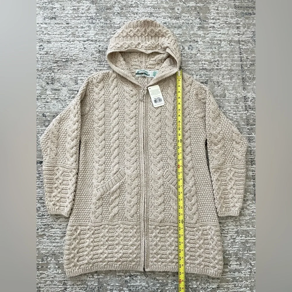 ARAN Ireland 100% Merino Wool Full Zip Sweater Coat Oatmeal L Chunky‎ Fisherman - Picture 7 of 10